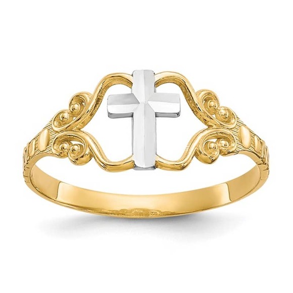 Solid 10K Two Tone Gold Women's Cross Ring 2mm Band Size 6